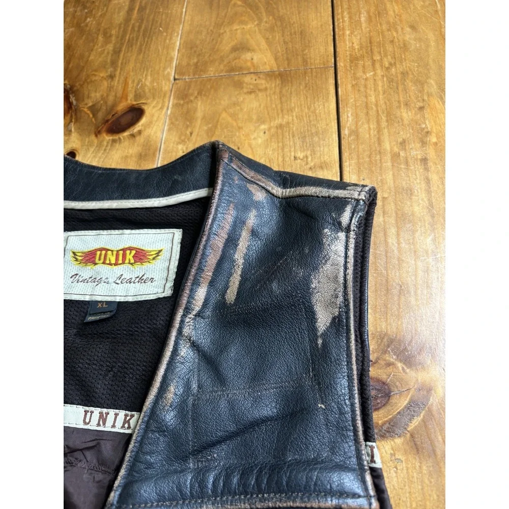 UNIK Vintage Leather Biker Vest Men's XL Black Side Lacing Snap Zip Motorcycle
